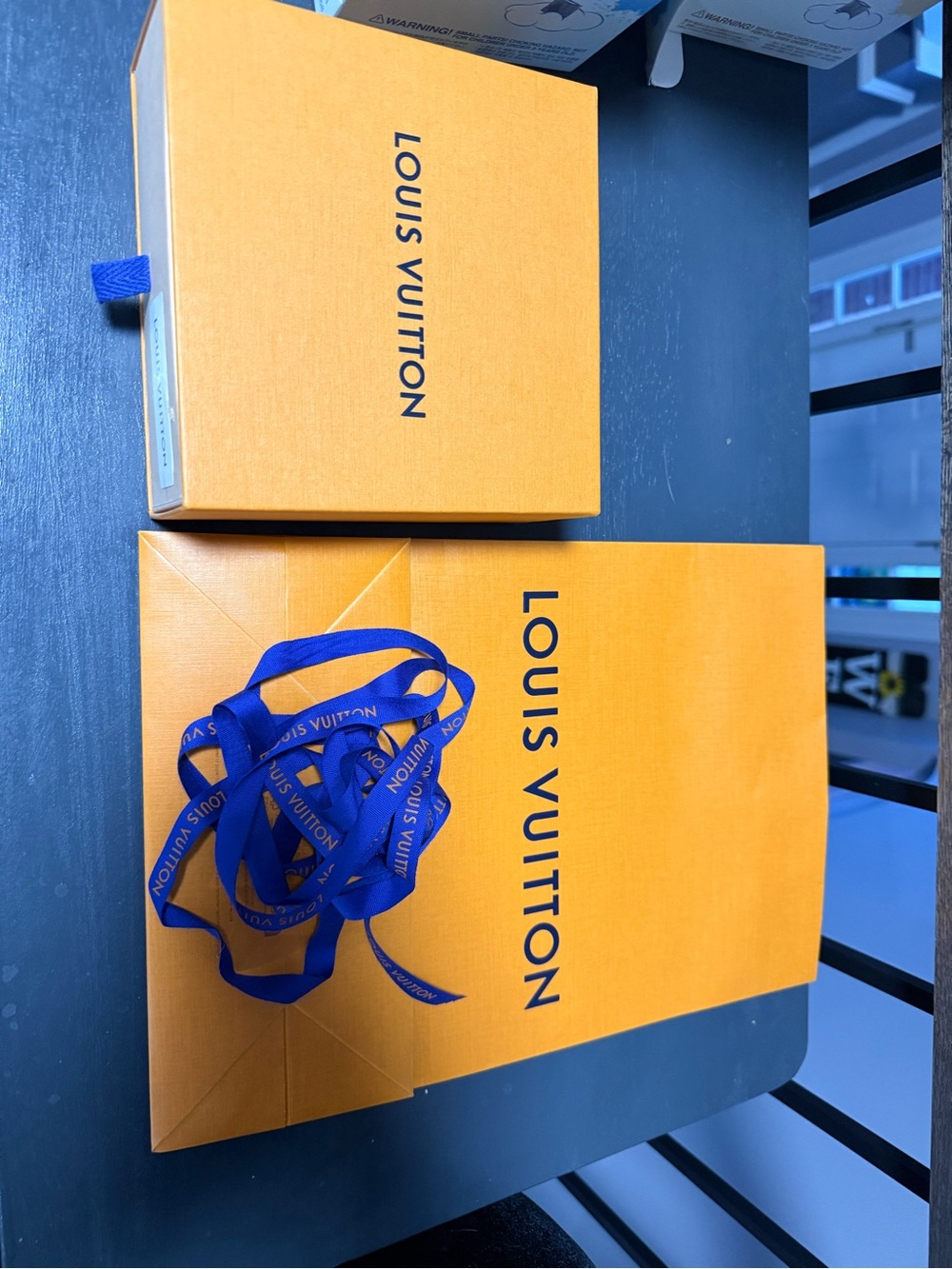 Louis Vuitton Orange Box with Blue Branded Ribbon & shopping bags